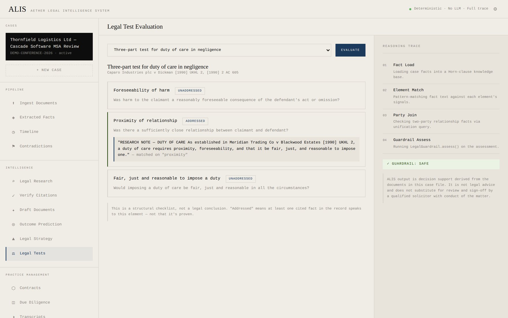 ALIS Legal Tests screen